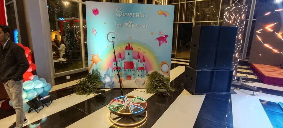Birthday themed backdrop with 360 booth camera setup in Goa