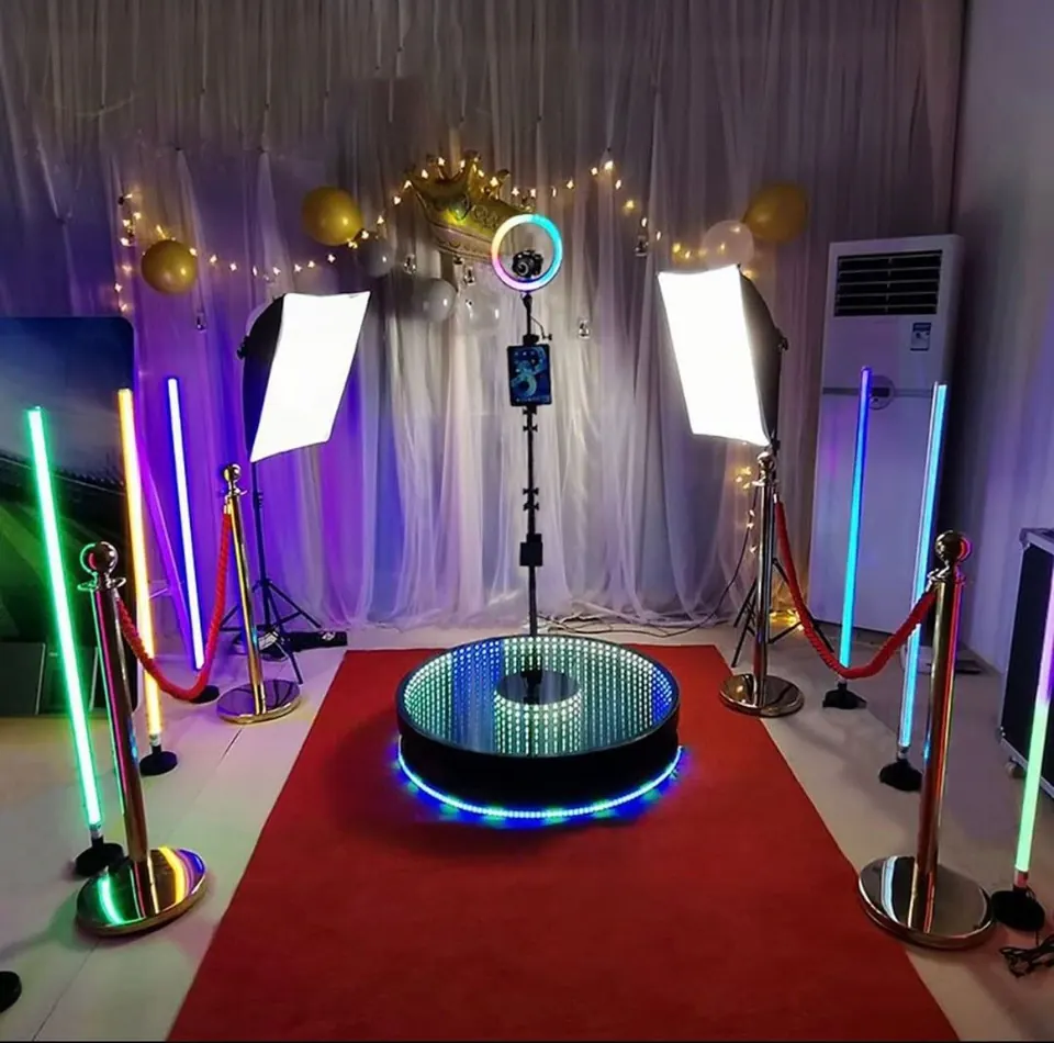 LED-lit 360 booth platform with red carpet styling in Goa