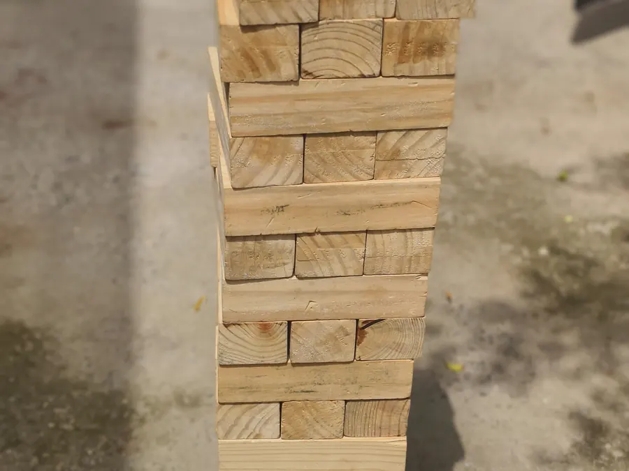 Close view of giant jenga arranged at a Goa venue