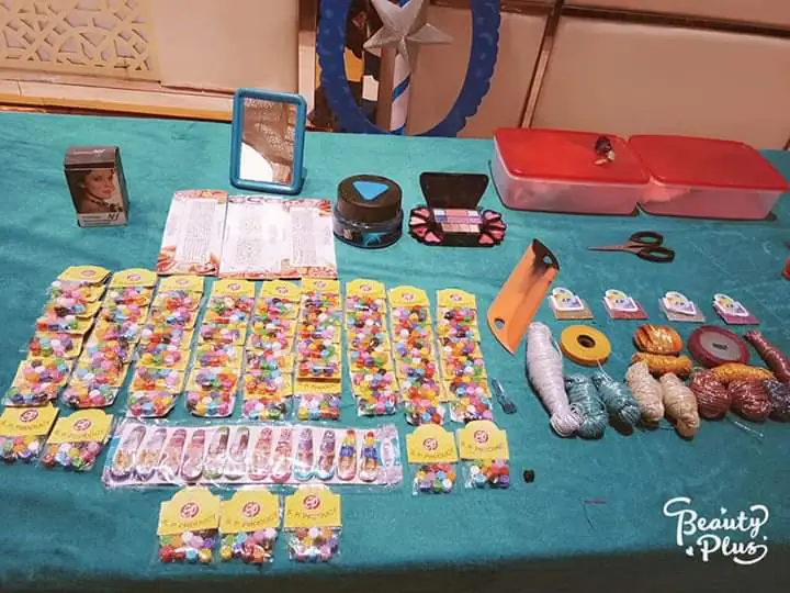 Professional event make-up and beauty counter materials arranged for guests