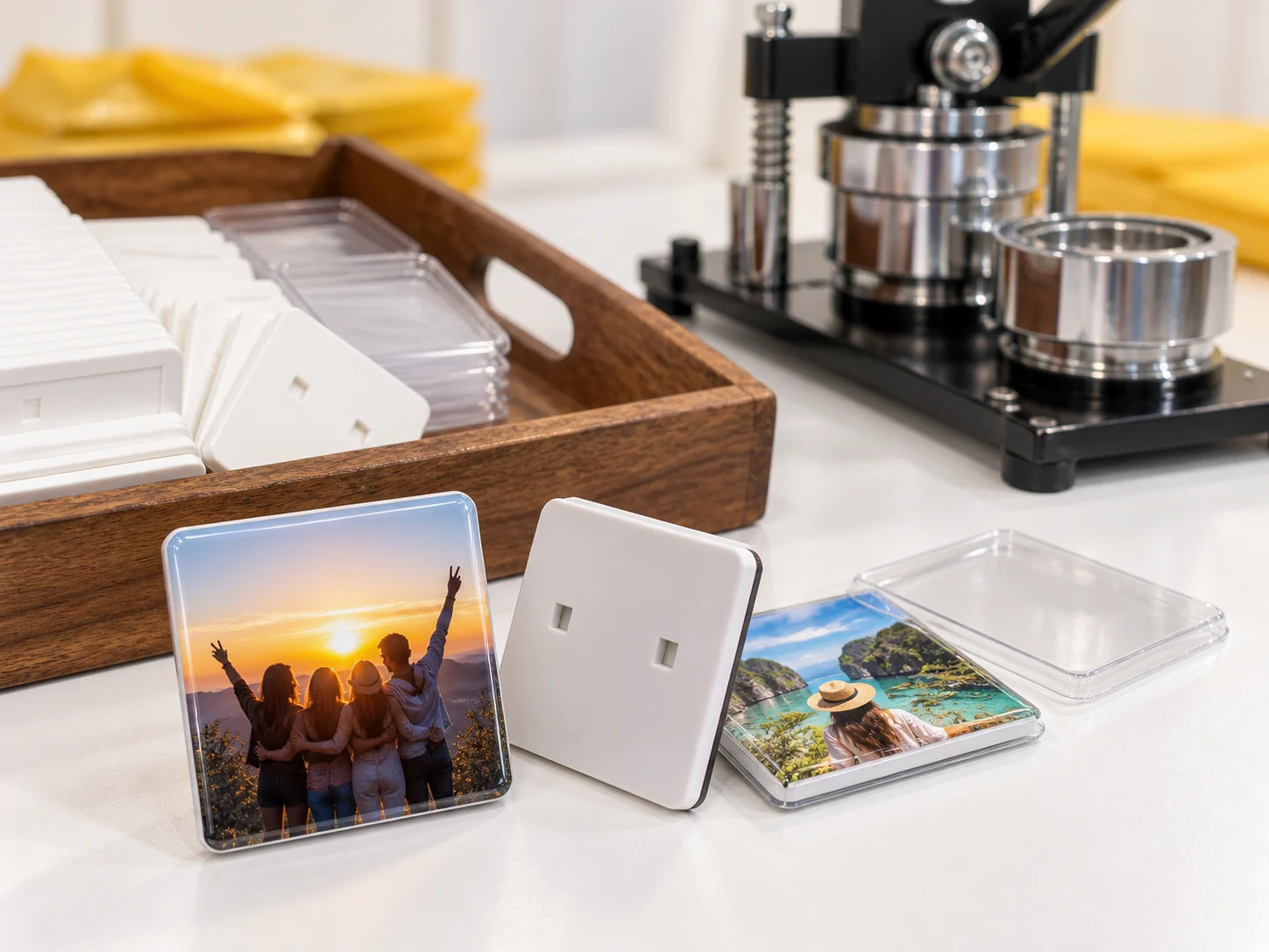 Finished square photo fridge magnets, white backs and manual press for an event in Gurgaon