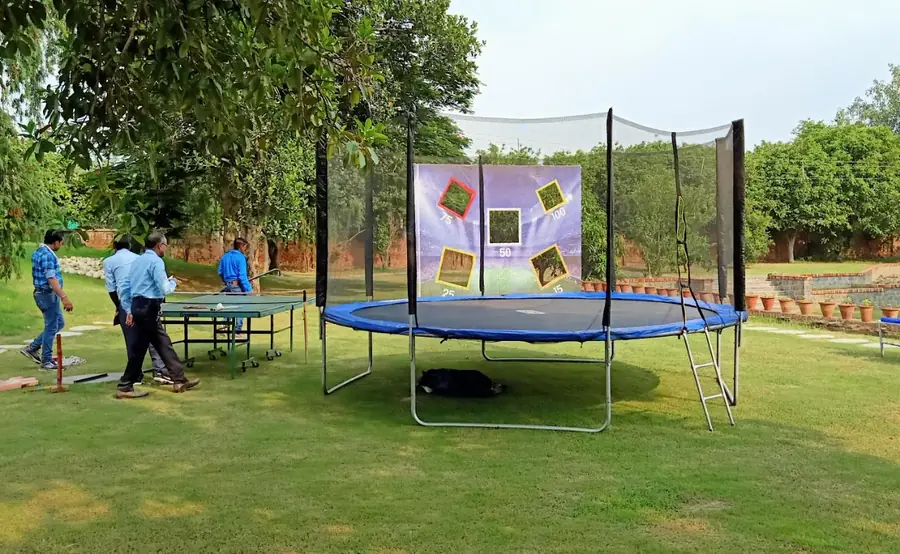Trampoline setup prepared for an event in Goa