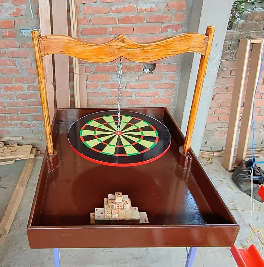 Close view of wooden games arranged at a Delhi venue