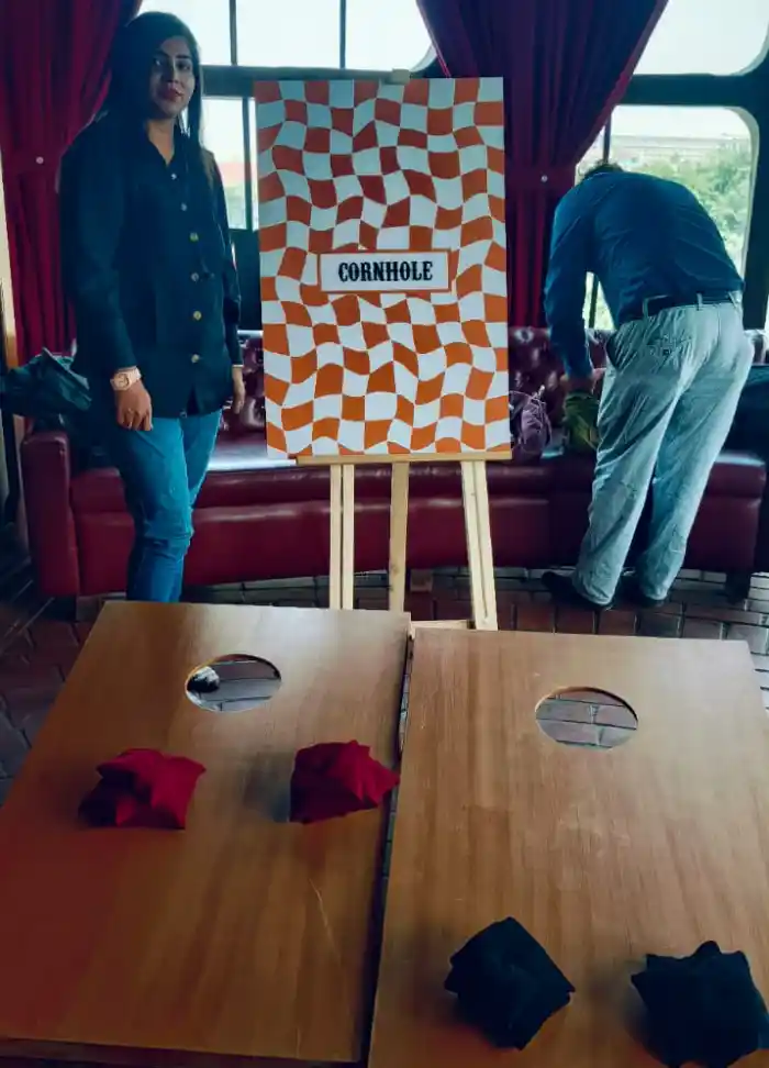 cornhole game, cornhole rental Gurgaon, bean bag toss, backyard game hire India, event games rental NCR